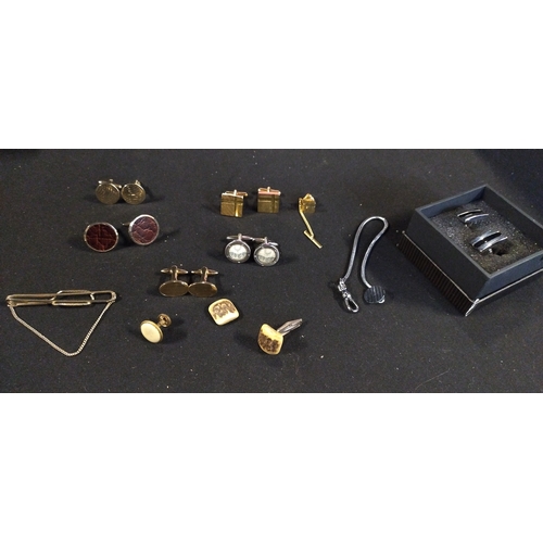 157 - Collection of cufflinks and watch fob chain tie pins