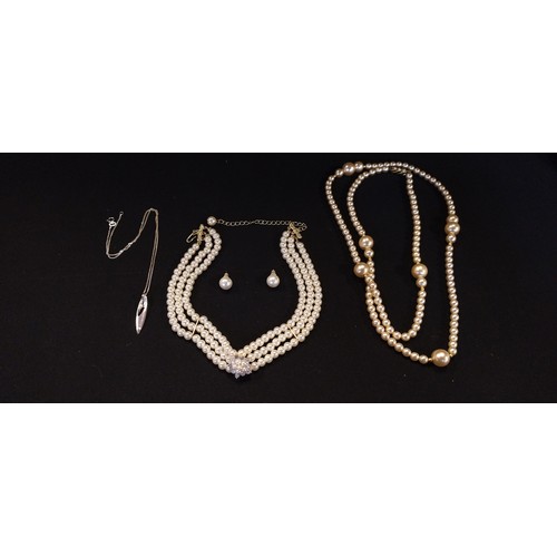 160 - Two faux pearl necklaces and earrings and a sterling silver necklace with pendant