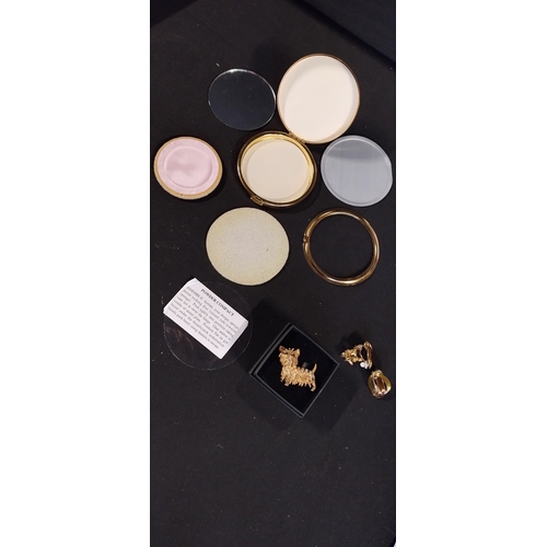 161 - New luxury compact with mirror, and 2 pairs of clip on earrings and a dog brooch