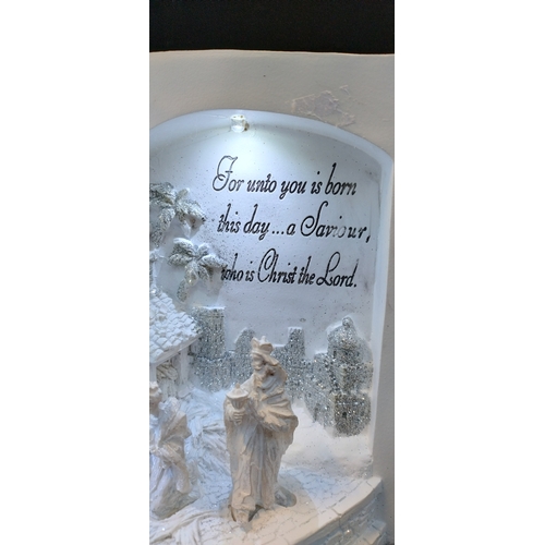 164 - Battery operated White and white silver glitter resin nativity scene. Tested for power