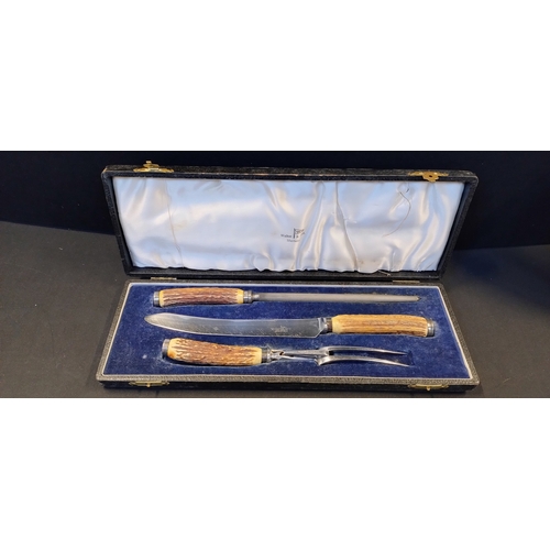 169 - Walker and Hall carving set with stag horn handles  in original box