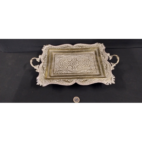 185 - Vintage double  handled cast metal engraved tray. Measures approx. H 4 x W 35 x D 22 cm