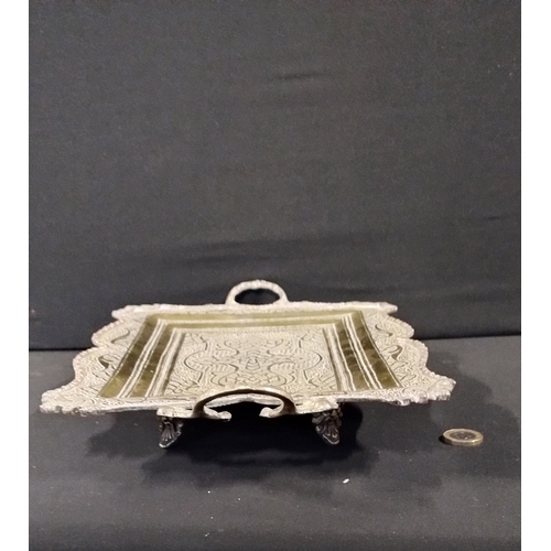 185 - Vintage double  handled cast metal engraved tray. Measures approx. H 4 x W 35 x D 22 cm