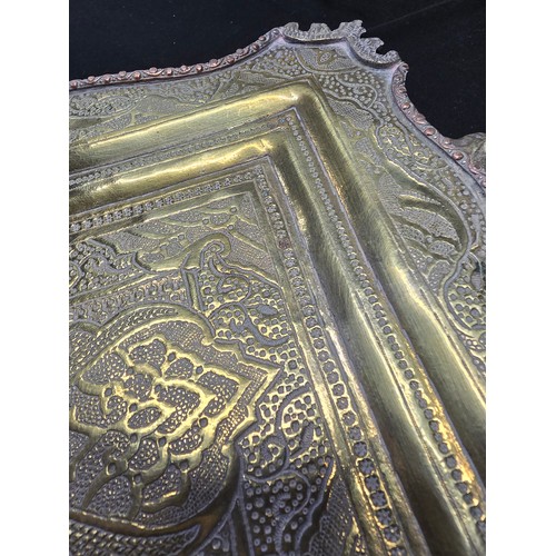 185 - Vintage double  handled cast metal engraved tray. Measures approx. H 4 x W 35 x D 22 cm