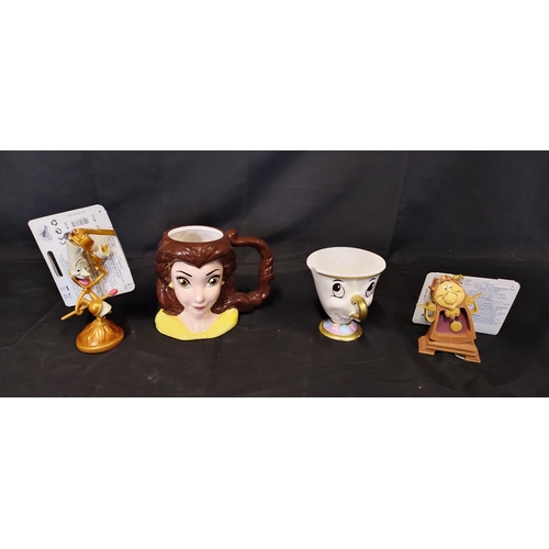 187 - Beauty and the Beast items including Chip cup, Belle, Lumiere and Cogsworth Christmas decorations