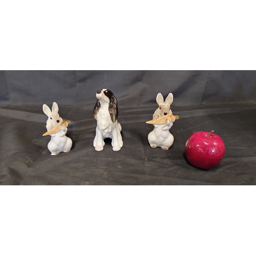 189 - 3 animal porcelain figurines of 2 rabbits and a dog from Lomonosov. USSR