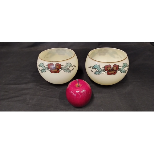 191 - Two opaque glass pendant lampshades with a floral trim.