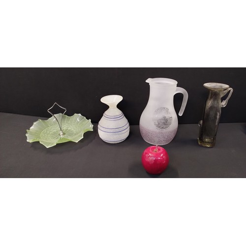 79 - Green glass cake stand, Murano frosted vase, frosted Tomb of Rahel pitcher jug and a studio glass va... 