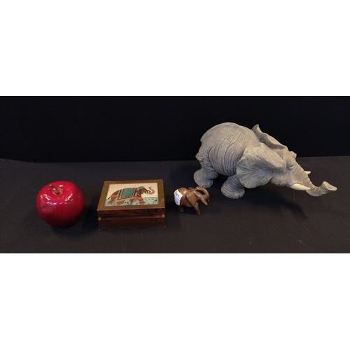 209 - Two elephant ornaments and a  trinket box with brass details and crushed semi-precious stones in the... 