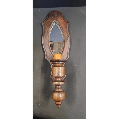 210 - Two vintage mirrored wooden wall sconces with candle holders. Measures approx 51 x 16 cm