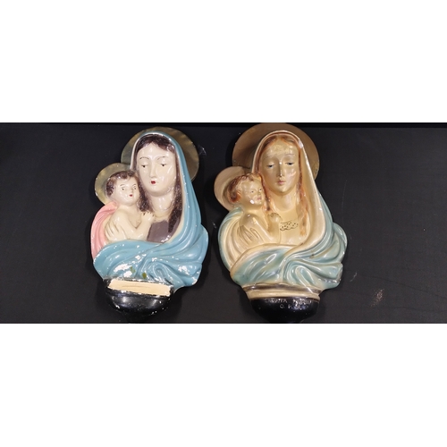 217 - 2 x Religious Chalkware Virgin Mary and child Holy Water font wall hangings. Measures approx H 39 x ... 