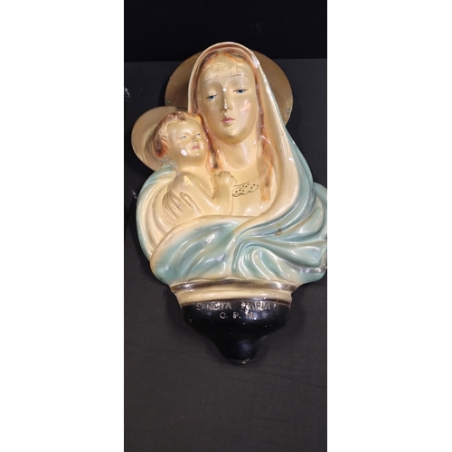 217 - 2 x Religious Chalkware Virgin Mary and child Holy Water font wall hangings. Measures approx H 39 x ... 