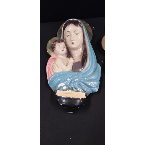 217 - 2 x Religious Chalkware Virgin Mary and child Holy Water font wall hangings. Measures approx H 39 x ... 