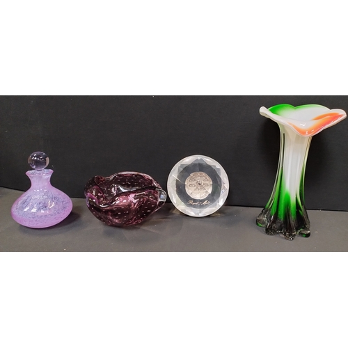 224 - Mixed lot of glassware including a Caithness purple swirl perfume bottle, royal mint commemorative 1... 