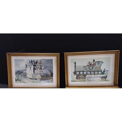 292 - 4 pictures of early steam trains and carriages. Measures approx 27 x 37.5 cm