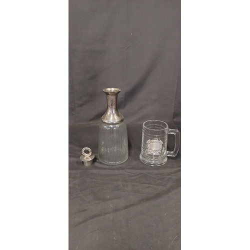 407 - Silver plated decanter and tankard with golf emblem and grandad engraved in the centre