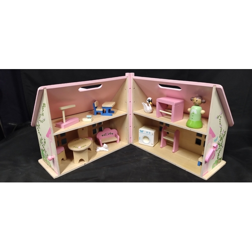 411 - Two wooden dolls houses with some furniture and figures