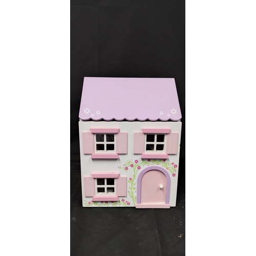 411 - Two wooden dolls houses with some furniture and figures