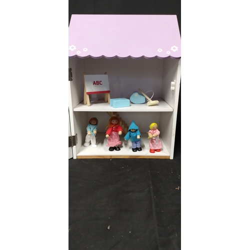 411 - Two wooden dolls houses with some furniture and figures