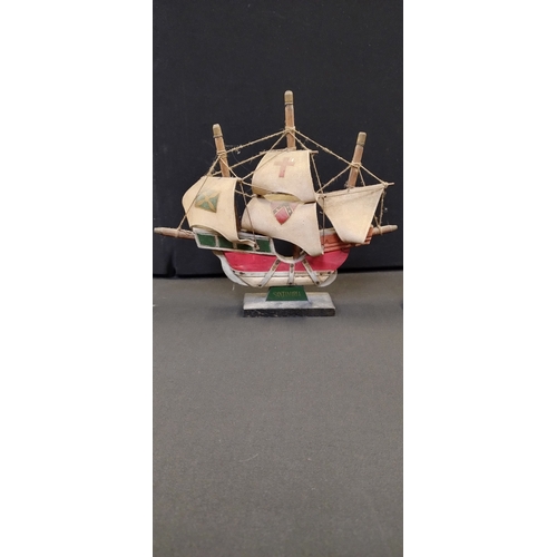 62 - Two miniature model ships one fishing boat and one Santa Maria sail boat