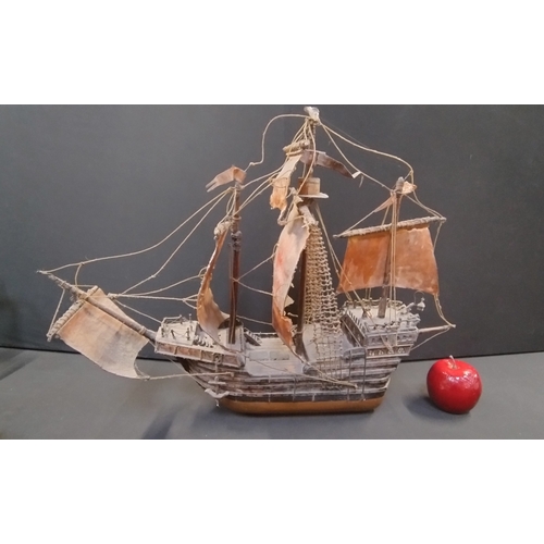 63 - Scratch Built Galleon Model ship. Measures approx H 42 x W 57 x D 10.5 cm