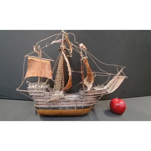 63 - Scratch Built Galleon Model ship. Measures approx H 42 x W 57 x D 10.5 cm