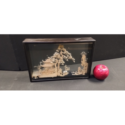 72 - Two oriental dioramas and set of 2 Chinese painted eggs in display case