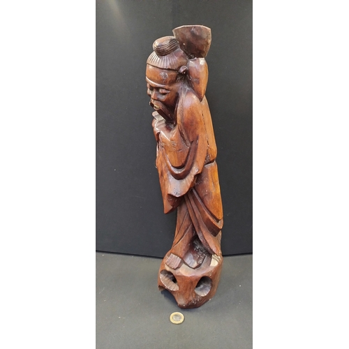 91 - large Japanese root carved figure with bone teeth ( formerly a lamp). Measures approx H 18 x W 11 x ... 