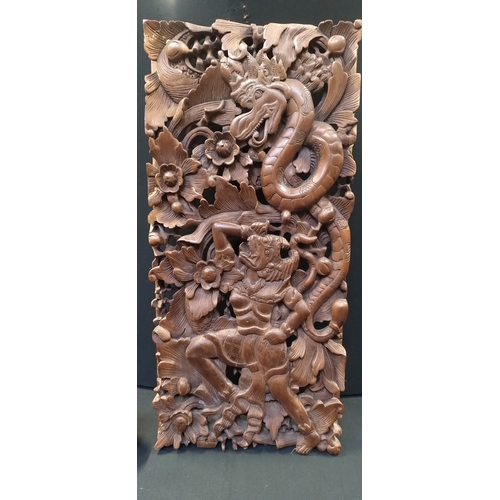 95 - Balonise carved wood panel with dragon and figure on a floral background. Measures approx H 51.5 x 2... 