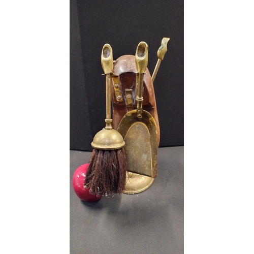 109 - Brass fire companion with a wooden clog storage compartment Shovel, Broom, Tongs and poker