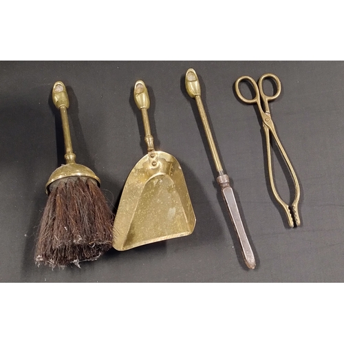 109 - Brass fire companion with a wooden clog storage compartment Shovel, Broom, Tongs and poker