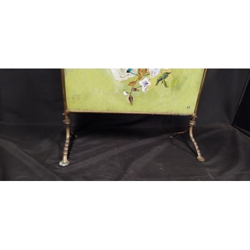 136 - Vintage Brass fire screen with painted front panel. Measures approx H 74 x W 49 x D 20.5 cm