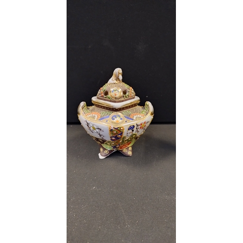 155 - Oriental items including satsuma incense burner jar, soapstone Buddha on a stone lotus flower, Soaps... 