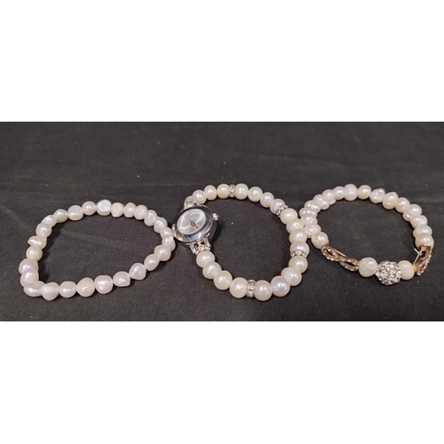 37 - Five pearl bracelets, pearl bracelet watch and a pearl necklace