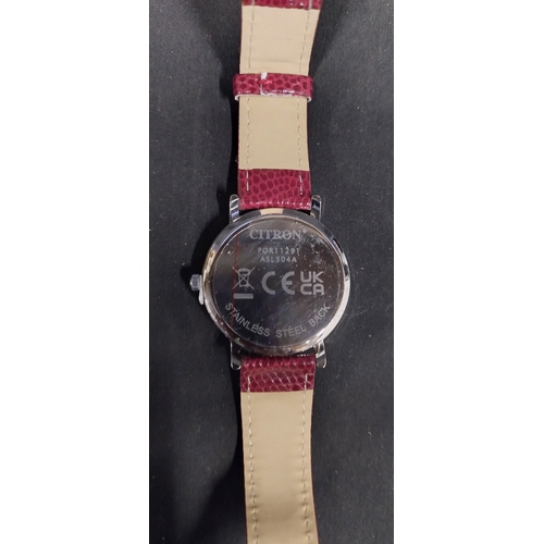 47 - Citron quartz watch with red imitation crocodile skin strap