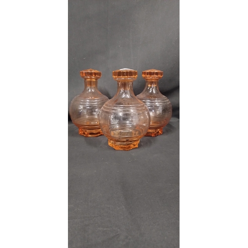 64 - 1940's French art deco peach decanters and 8 glasses