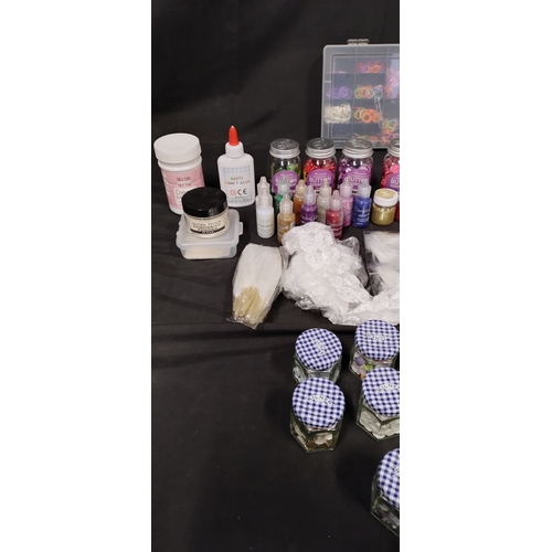 65 - Selection of crafting items including glitters, buttons, stamps, glues and tapes