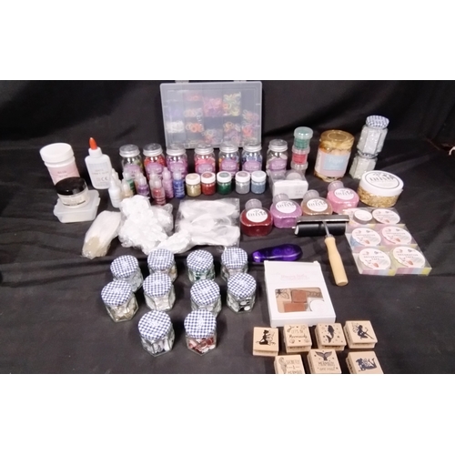 65 - Selection of crafting items including glitters, buttons, stamps, glues and tapes