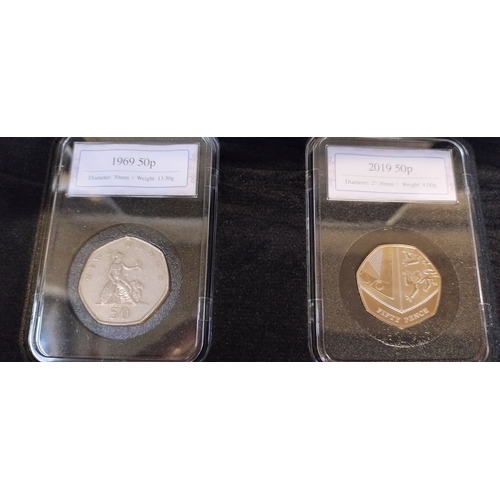 112 - Two boxed 50th anniversary limited edition fifty pence coins 1969 & 2019