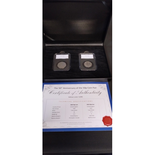 112 - Two boxed 50th anniversary limited edition fifty pence coins 1969 & 2019