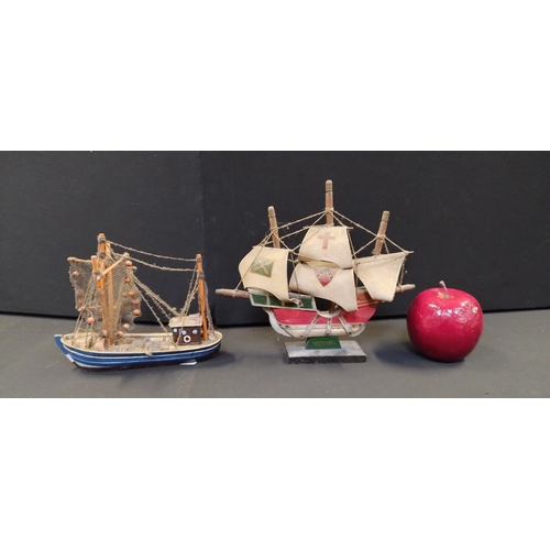 238 - Two miniature model ships one fishing boat and one Santa Maria sail boat