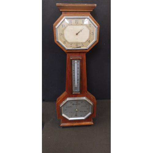 240 - Vintage oak 8 day clock with barometer. Measures approx H 57 x W 20 x D 5 cm