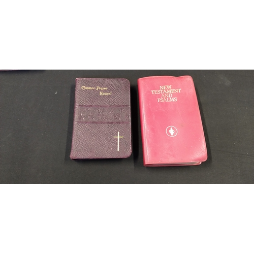 250 - Selection of religious items including 4 pocket Bibles, wooden statue of mother Mary, and white glas... 