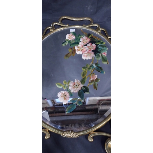 322 - Beautiful Vintage mirrored brass fire screen with a hand painted floral design. Measures approx H 73... 