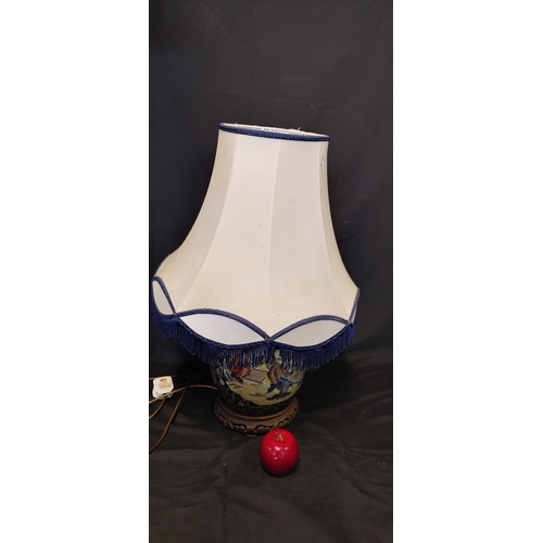 325 - Satsuma Style Porcelain table lamp with cream and blue shade. Tested for power