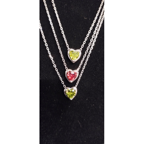 360 - Three sterling silver chains with heart pendants set with green and red central stones