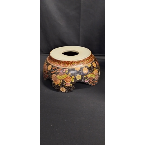 363 - Large 3 piece satsuma ware vase with peacock decoration and a foo dog on the lid. Total height 80 x ... 