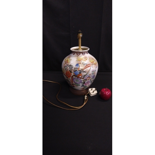 369 - Oriental style satsuma vase lamp with bird and floral decoration on a wooden base with jacquard crea... 