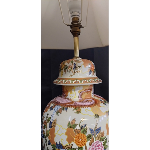 371 - Large oriental style table lamp with cream jacquard shade. COLLECTION ONLY