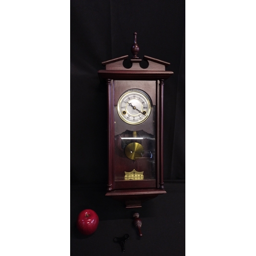 408 - Mahogany Lincoln 31 day pendulum wall hanging clock with key